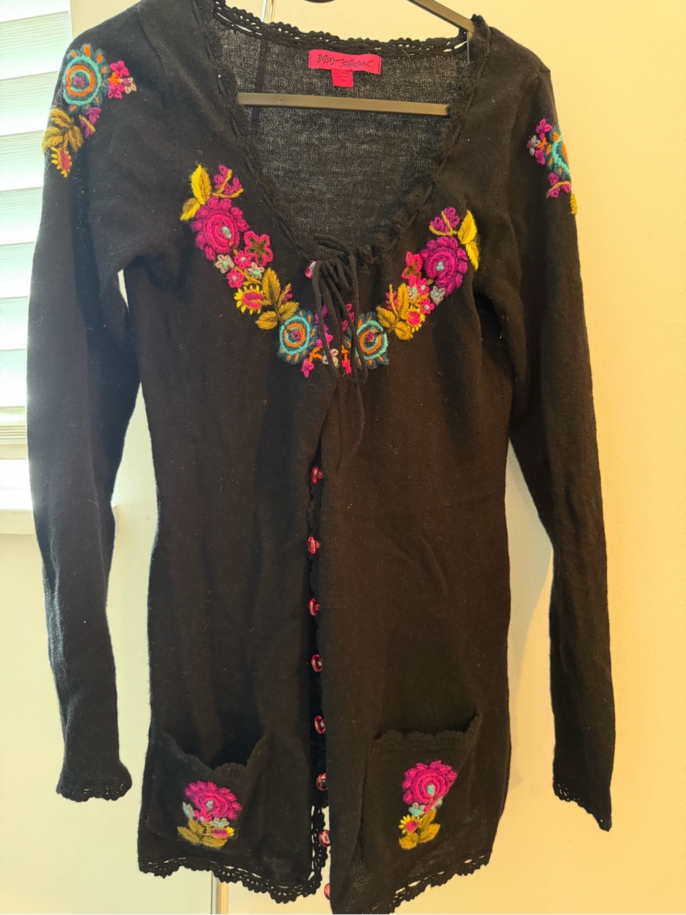 Betsey Johnson Black Knit Cardigan with Pink & Yellow Floral Embroidery